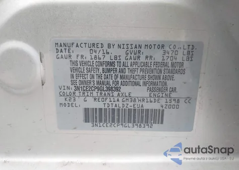 2016 Nissan Versa Note S (Sr)/S Plus/Sl/Sr/Sv from USA, damaged, VIN 3N1CE2CP9GL398392